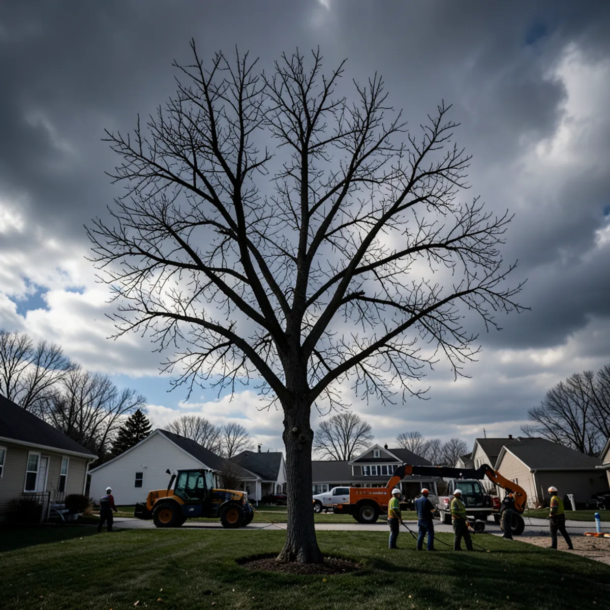 Standing dead ash tree with bare brittle branches in a Lansing residential yard