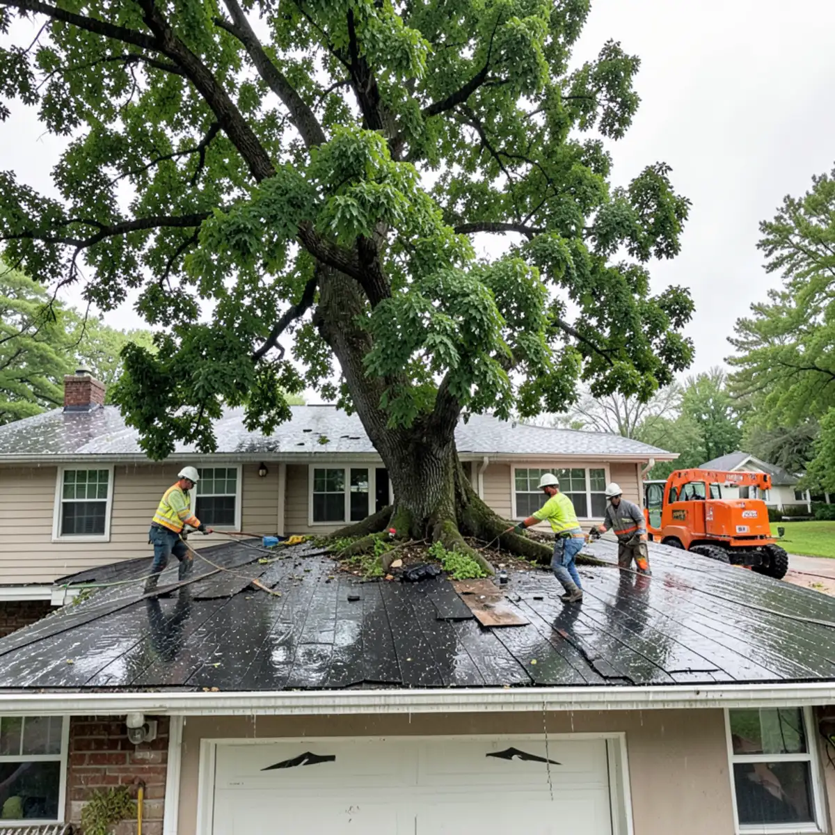 Large fallen oak tree resting on residential roofline in Lansing after heavy storm