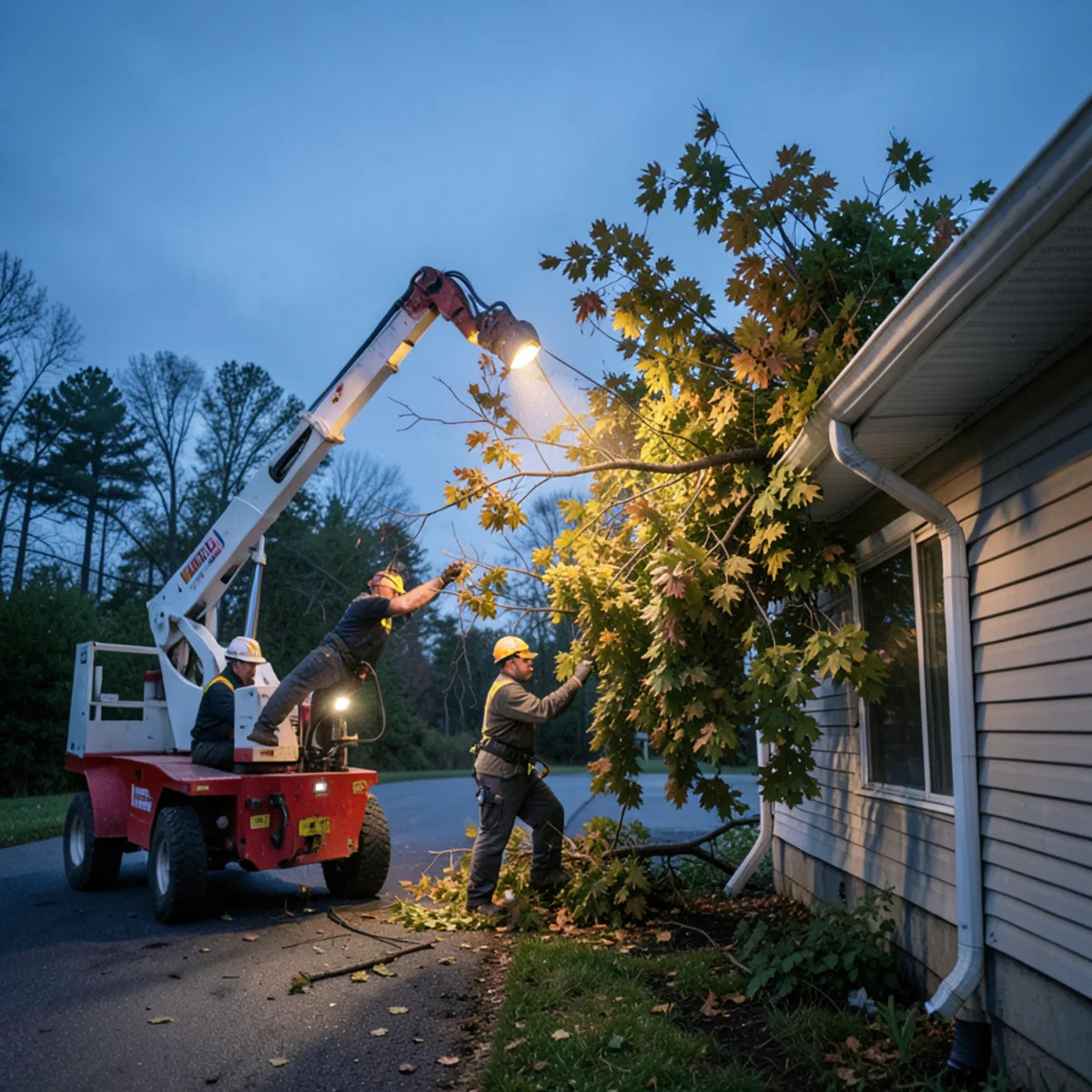 Emergency tree removal crew removing storm-fallen oak off roof in Lansing