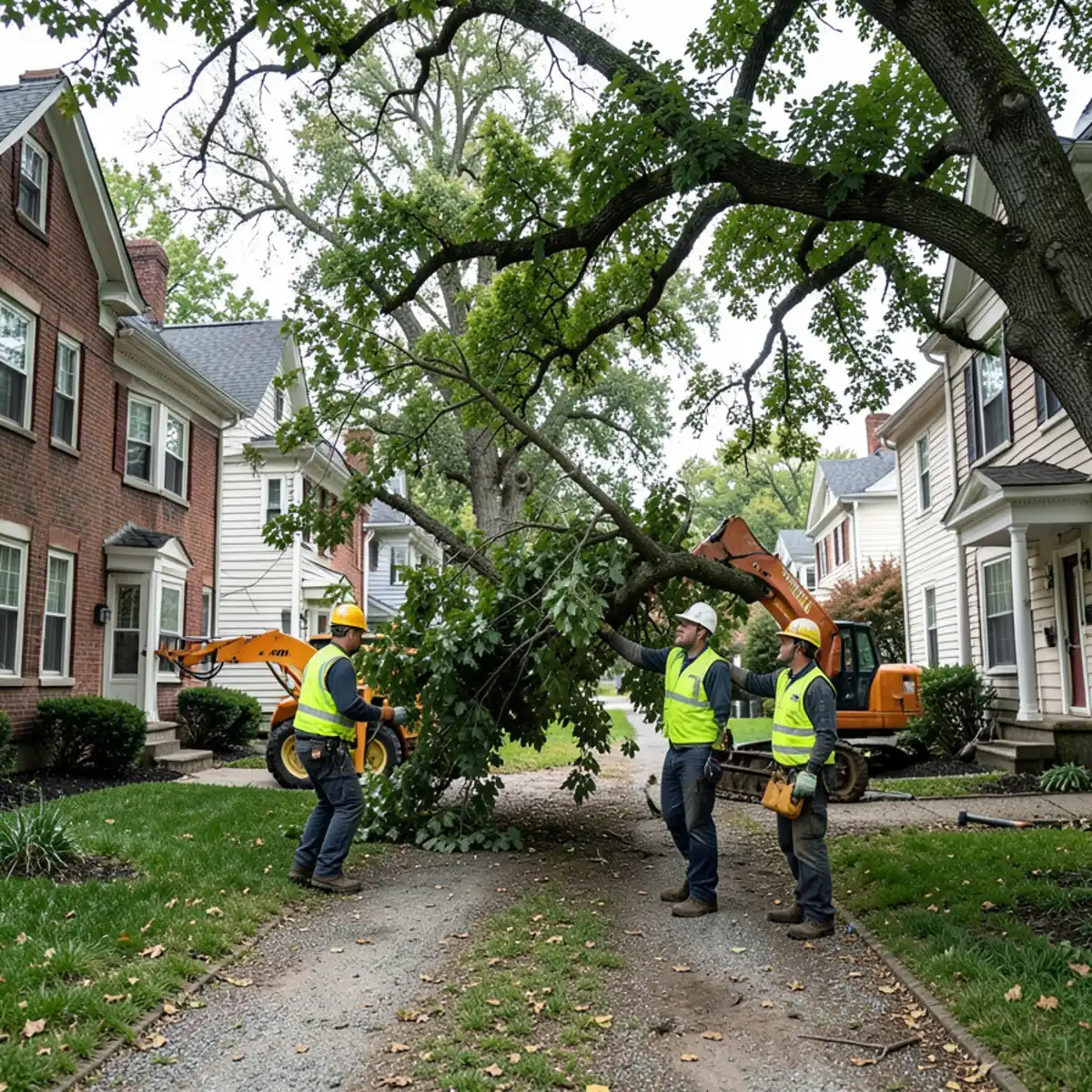 Tree removal crew working outside a classic pre-war home in East Lansing MI