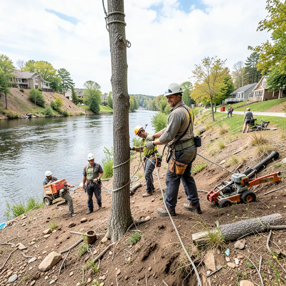 Tree care crew working near the Grand River ledges in Grand Ledge MI