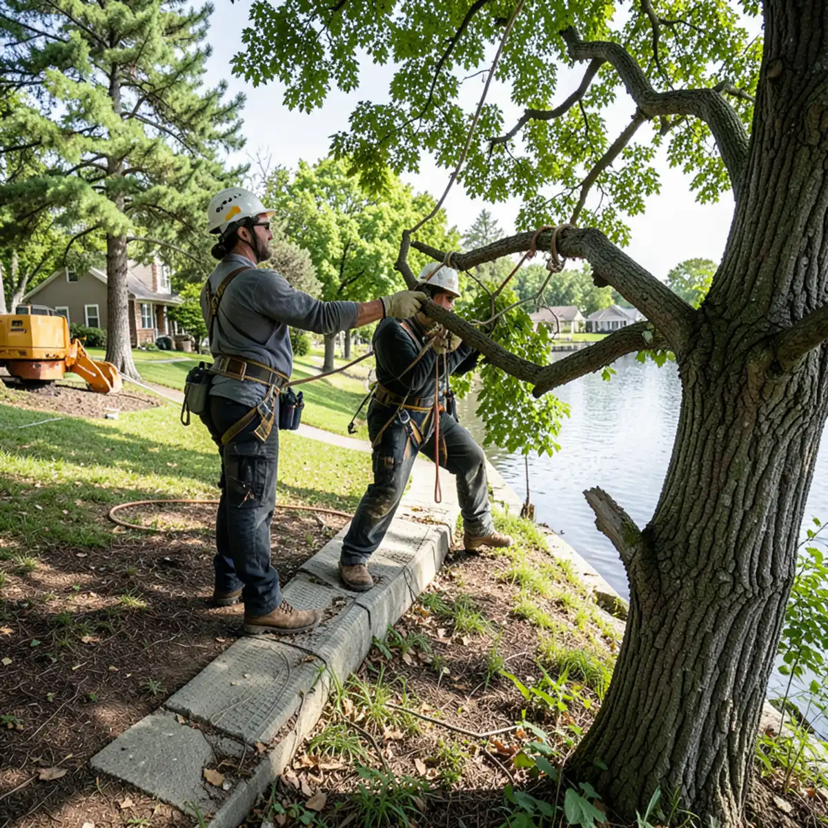 Tree service team rigging a leaning silver maple over Lake Lansing shoreline