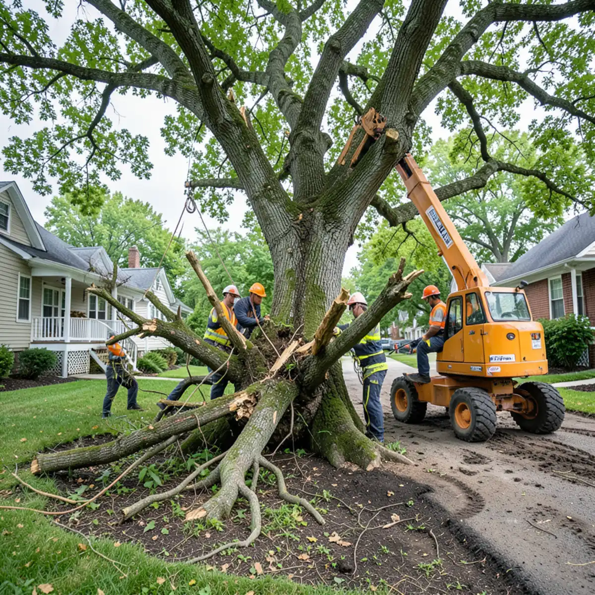 Tree removal crew operating aerial lift on older residential street in Jackson MI