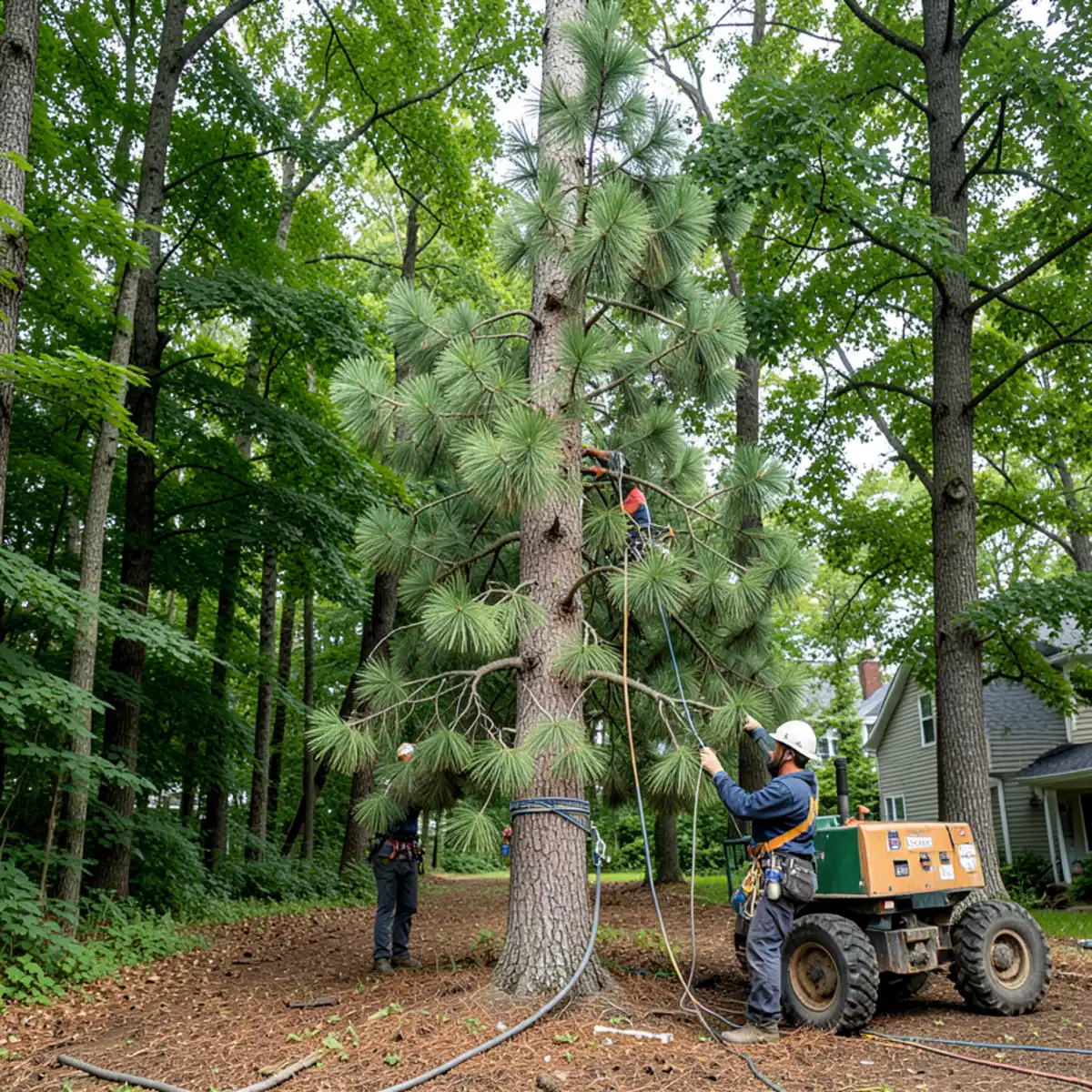 Tree removal crew dismantling a tall white pine on a wooded Okemos residential lot