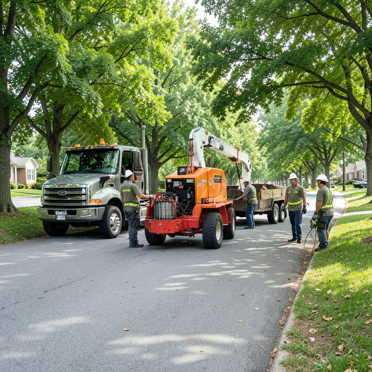 Total Tree Maintenance equipment fleet staged on a Lansing residential street