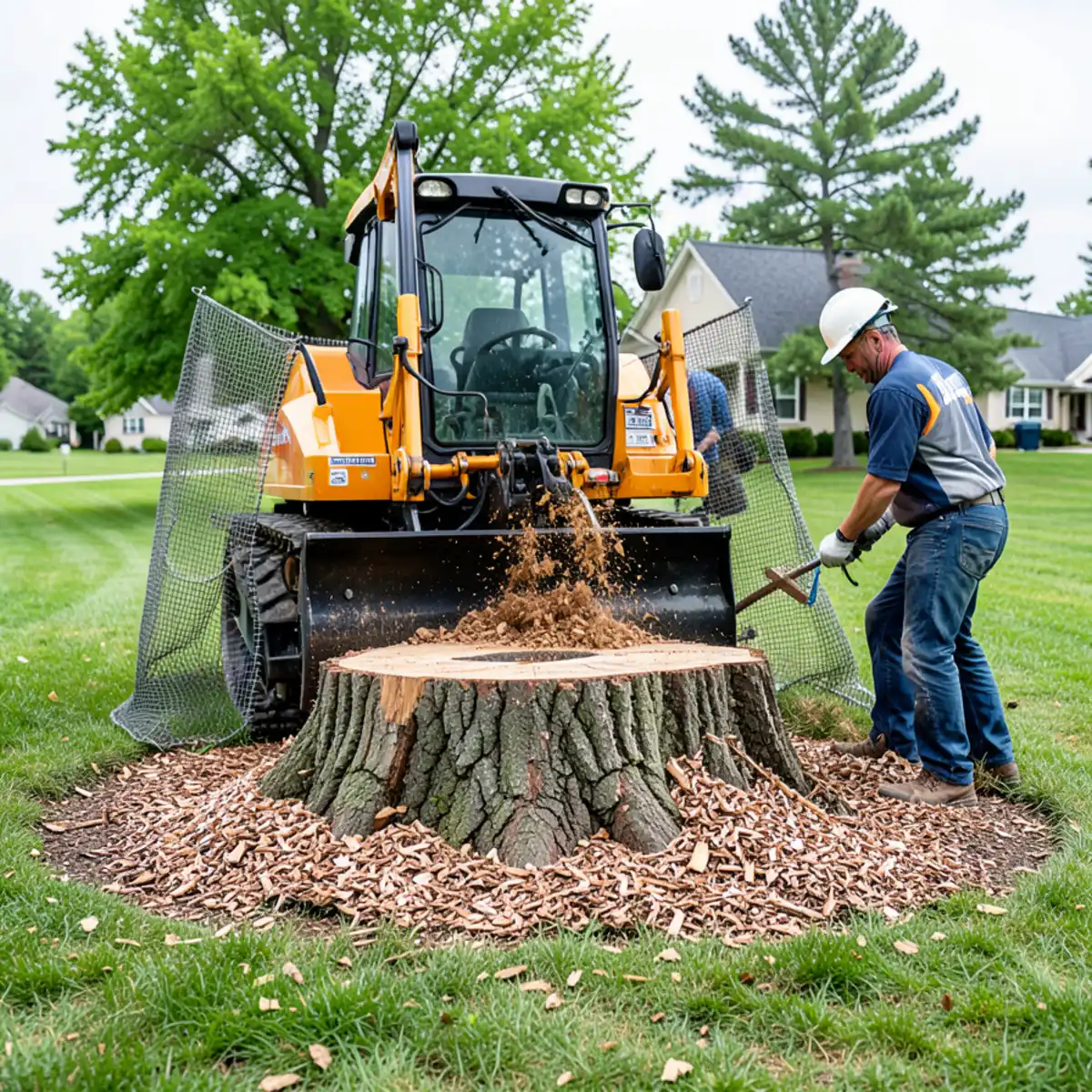 Tracked commercial stump grinder milling a large oak stump in a Lansing yard