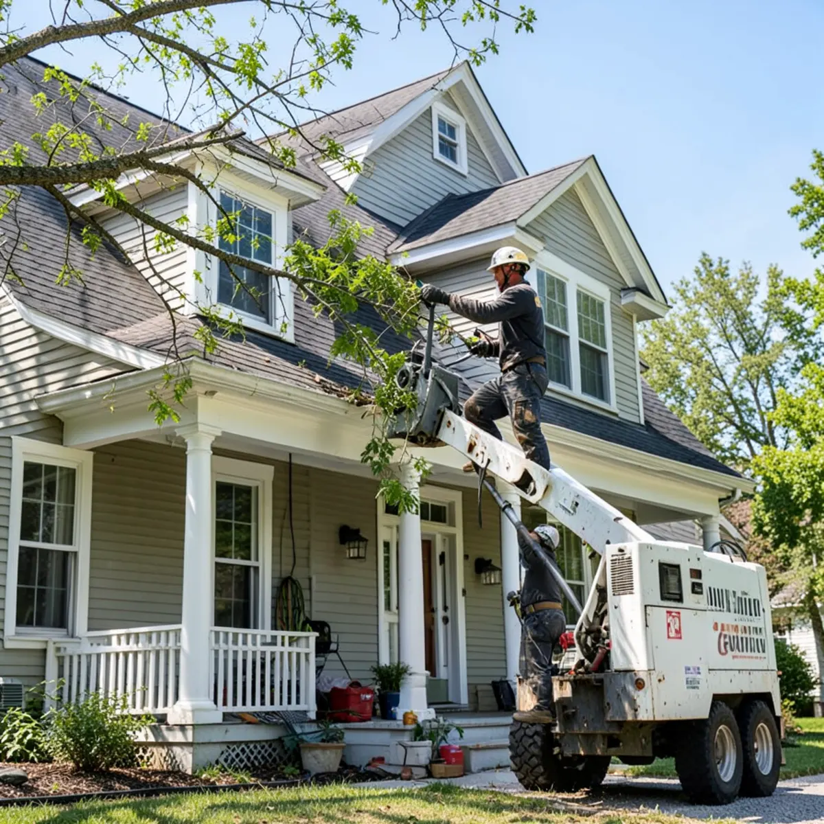 Arborist in bucket truck pruning mature shade tree away from Lansing roof